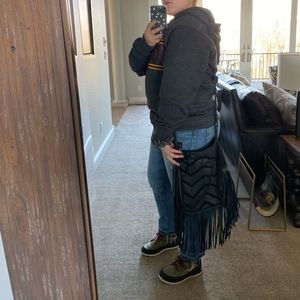 Black leather crossbody fringe bag